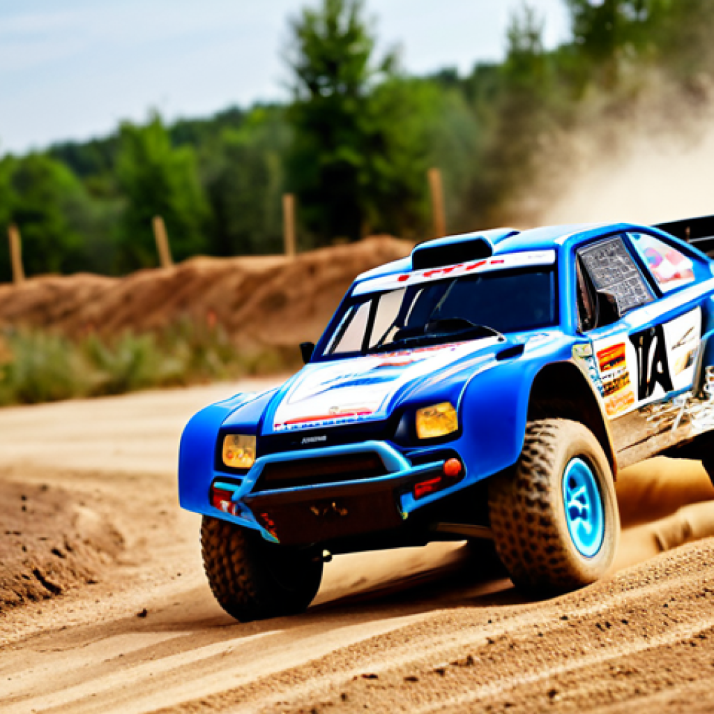 A professional male hobbyist in modest, functional outdoor attire, expertly controlling a high-performance RC rally car on a dusty outdoor dirt track. The RC car is speeding through a turn, kicking up dust. The scene captures the adrenaline of the race, with the hobbyist exhibiting perfect anatomy, natural pose, well-formed hands on the remote control. Professional photography, dynamic lighting, high detail, sharp focus, safe for work, appropriate content, fully clothed, family-friendly.