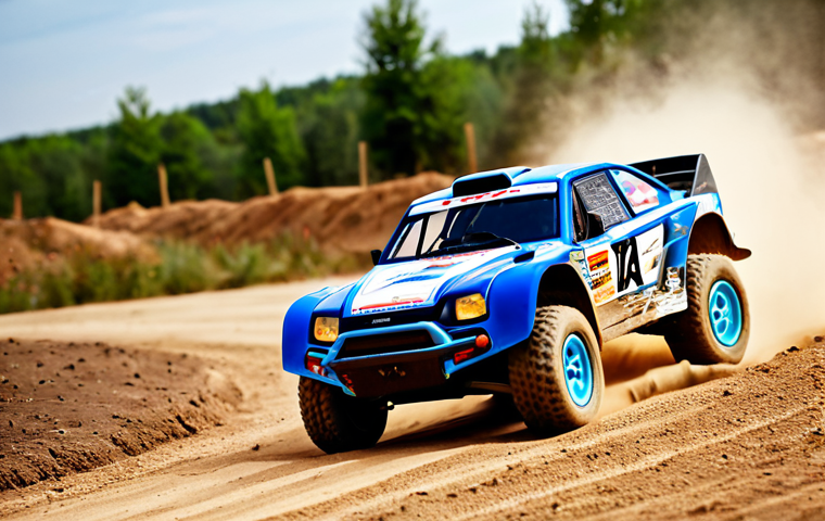 A professional male hobbyist in modest, functional outdoor attire, expertly controlling a high-performance RC rally car on a dusty outdoor dirt track. The RC car is speeding through a turn, kicking up dust. The scene captures the adrenaline of the race, with the hobbyist exhibiting perfect anatomy, natural pose, well-formed hands on the remote control. Professional photography, dynamic lighting, high detail, sharp focus, safe for work, appropriate content, fully clothed, family-friendly.
