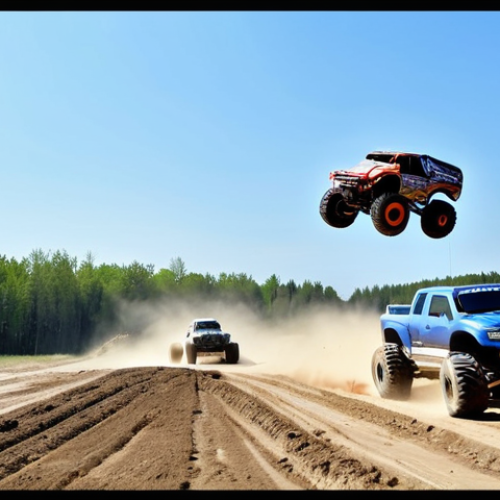 Home 27 **
A group of RC car enthusiasts gathered at a dirt track on a sunny day in the Russian countryside. Several monster trucks are mid-jump, kicking up dust. People are fully clothed in casual attire, operating the cars with remote controls. Background includes trees and a clear blue sky. Safe for work, appropriate content, fully clothed, family-friendly, professional-quality photography, perfect anatomy, natural proportions, well-formed hands, proper finger count, natural pose.
**
