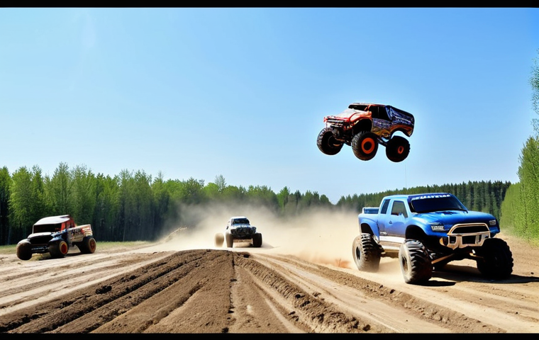 **

A group of RC car enthusiasts gathered at a dirt track on a sunny day in the Russian countryside. Several monster trucks are mid-jump, kicking up dust. People are fully clothed in casual attire, operating the cars with remote controls. Background includes trees and a clear blue sky. Safe for work, appropriate content, fully clothed, family-friendly, professional-quality photography, perfect anatomy, natural proportions, well-formed hands, proper finger count, natural pose.

**