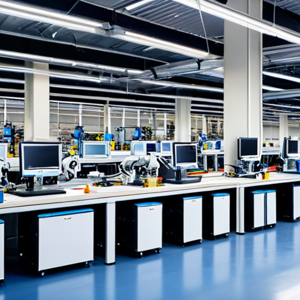 Efficient Factory Floor**

"A modern factory floor with robotic arms assembling RC car parts, well-organized workstations, and bright, energy-efficient lighting. Focus on efficiency and cleanliness. CAD/CAM software displayed on computer screens in the background. Safe for work, appropriate content, fully clothed workers in professional attire, perfect anatomy, correct proportions, professional, family-friendly."

**