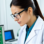 RC카와 최신 IoT 기술 적용 - A professional female engineer in a fully clothed, modest lab coat and safety glasses, examining a c...