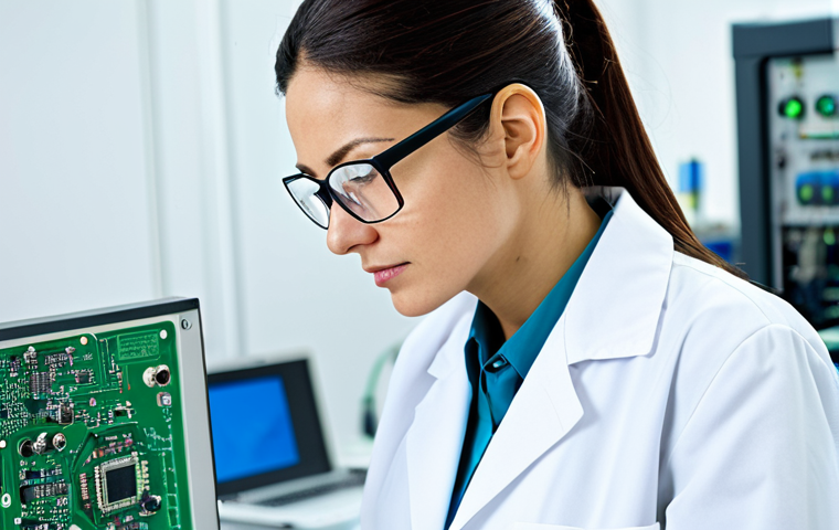 RC카와 최신 IoT 기술 적용 - A professional female engineer in a fully clothed, modest lab coat and safety glasses, examining a c...