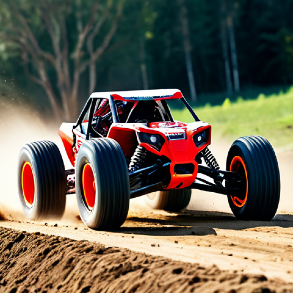 RC카 조종기 업그레이드 방법 - **
"A detailed photograph of a vibrant red RC buggy kicking up dust as it races across a dirt track...