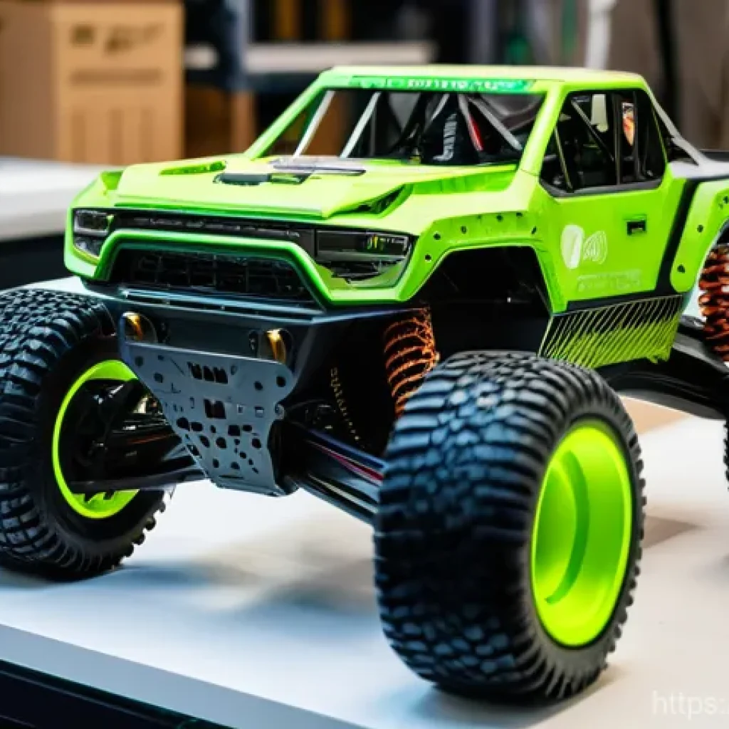 RC카의 지속가능한 재료 사용 - **Prompt:** "A highly detailed, realistic photograph of a modern remote-controlled (RC) trophy truck...