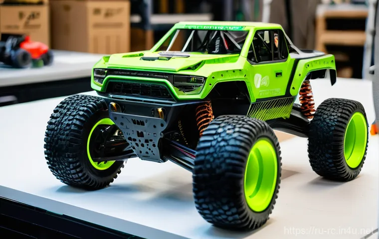 RC카의 지속가능한 재료 사용 - **Prompt:** "A highly detailed, realistic photograph of a modern remote-controlled (RC) trophy truck...