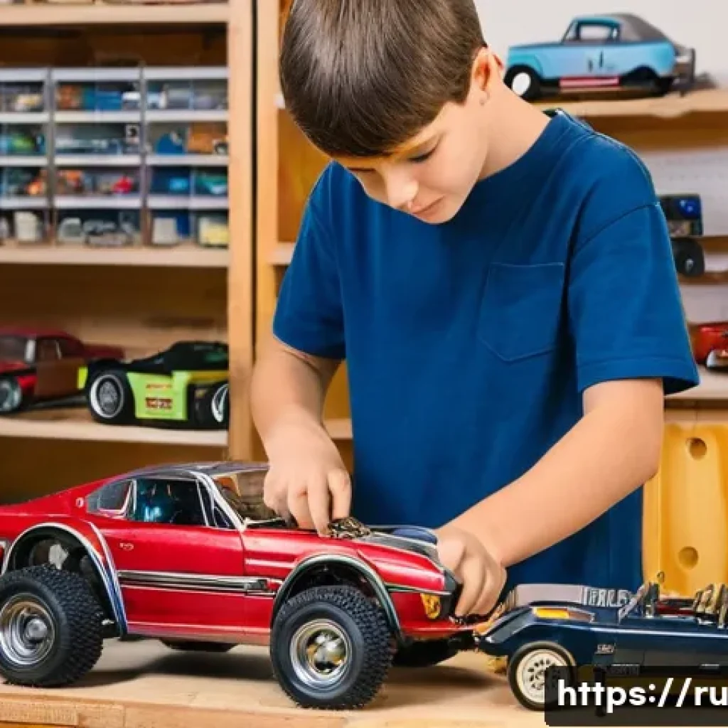 RC카의 역사와 진화 - **Nostalgic RC Car Assembly:** A young boy, around 12-14 years old, with short hair and wearing a ca...