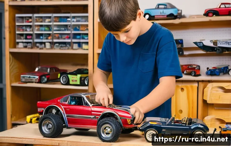 RC카의 역사와 진화 - **Nostalgic RC Car Assembly:** A young boy, around 12-14 years old, with short hair and wearing a ca...