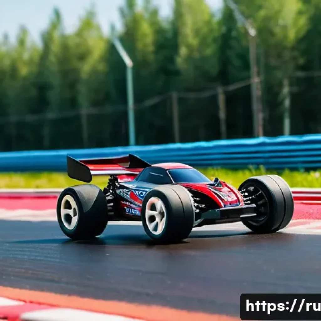 RC카를 활용한 레이싱 캠프 - A detailed close-up of a Traxxas Rustler electric brushless RC car racing on a smooth asphalt track ...