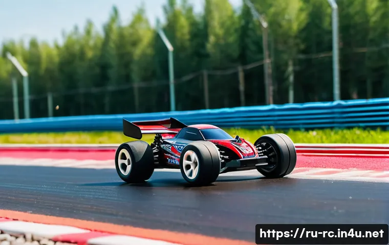 RC카를 활용한 레이싱 캠프 - A detailed close-up of a Traxxas Rustler electric brushless RC car racing on a smooth asphalt track ...