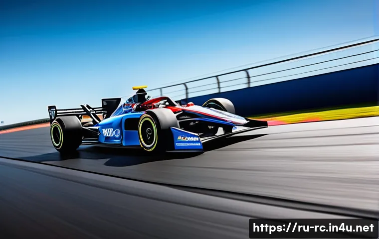 RC카 레이싱 대회 전략 - A detailed scene of a professional RC car racing on a smooth asphalt track with a low, stiff suspens...