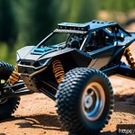Home 21 RC카를 활용한 공학 프로젝트 - A highly detailed close-up of a radio-controlled car chassis showcasing lightweight aluminum alloy f...