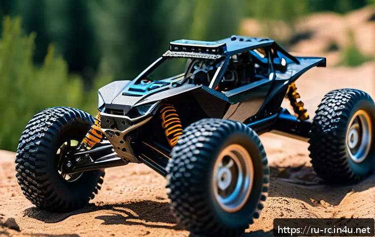 RC카를 활용한 공학 프로젝트 - A highly detailed close-up of a radio-controlled car chassis showcasing lightweight aluminum alloy f...