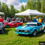 Home 20 RC카 관련 커뮤니티 추천 - A vibrant, detailed scene of a Russian RC car club meetup in an urban park near Moscow, featuring a ...
