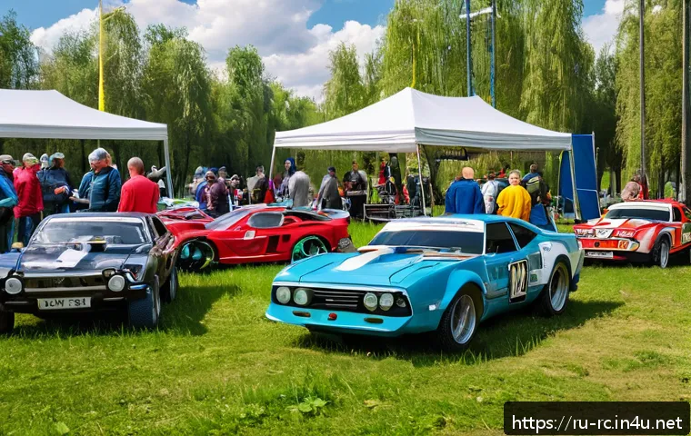 RC카 관련 커뮤니티 추천 - A vibrant, detailed scene of a Russian RC car club meetup in an urban park near Moscow, featuring a ...