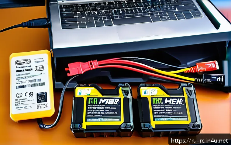 RC카에서 발생하는 문제 해결법 - A highly detailed close-up of a modern RC car battery setup featuring both lithium-polymer (LiPo) an...