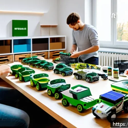 Home 17 RC카의 환경적 영향 - A detailed scene of an eco-friendly remote-controlled model workshop in a modern Russian home, showi...