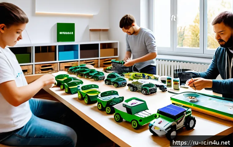 RC카의 환경적 영향 - A detailed scene of an eco-friendly remote-controlled model workshop in a modern Russian home, showi...